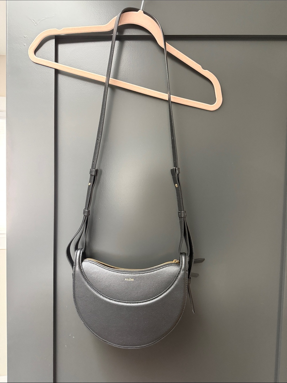 Polene Black numero dix Pebbled Crescent Crossbody with Gold Hardware